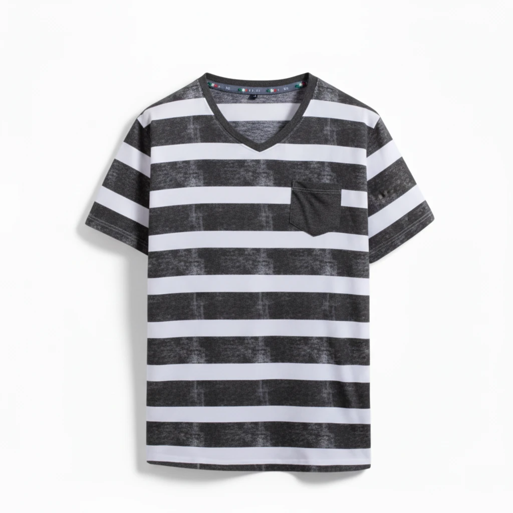 SiATEX CA - Cotton V-neck Striped Pocket Tee | Manufacturer for USA & European Brands Reliable Distressed V-Neck T-Shirt Supplier | Bangladesh UK